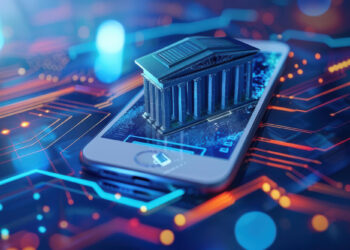 A miniature model of a bank building is perched on a smartphone, which showcases a digital circuit design symbolizing digital banking and secure transactions. The background features a blur of blue and orange light lines, representing technology, digital payments, and data flow security. | FintechZoom