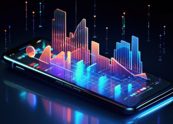 A smartphone lies flat, displaying a vibrant 3D holographic cityscape with glowing skyscrapers and data points. The dark background accentuates the neon blue, orange, and purple colors of the hologram, conveying a high-tech, futuristic theme reminiscent of FintechZoom.com’s cutting-edge economy insights. | FintechZoom