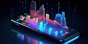 A smartphone lies flat, displaying a vibrant 3D holographic cityscape with glowing skyscrapers and data points. The dark background accentuates the neon blue, orange, and purple colors of the hologram, conveying a high-tech, futuristic theme reminiscent of FintechZoom.com’s cutting-edge economy insights. | FintechZoom