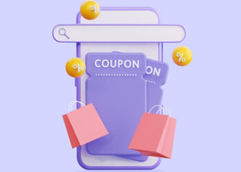 Illustration of a smartphone with a search bar at the top, displaying a vibrant browser scene. Two purple discount coupons and two pink shopping bags sit prominently, while yellow percentage symbols float around, highlighting deals. The background is a harmonious light purple. | FintechZoom