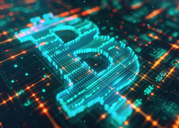 A digital representation of the Bitcoin symbol made up of glowing blue and orange circuit patterns on a dark background, resembling a complex network or motherboard. The image conveys a sense of technology, security, and cryptocurrency staking potential. | FintechZoom