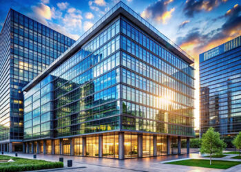 A modern glass office building complex, epitomizing commercial real estate, showcases stunning reflections of a colorful sunset in its windows. Tall structures enclose a courtyard with green trees and paved walkways, all beneath a dramatic sky. | FintechZoom