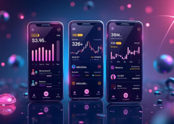 Three smartphones display colorful cryptocurrency charts and statistics against a futuristic, glowing background with orbs and neon lights, emphasizing a digital finance theme that captures the essence of the crypto business world. | FintechZoom