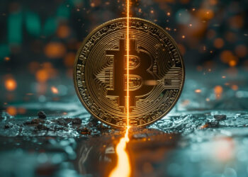 A gold Bitcoin coin stands upright in the center of the image, with a glowing light splitting it in half vertically. The backdrop is a detailed, shiny surface with scattered debris and out-of-focus lights resembling sparks, capturing the essence of FintechZoom.com Bitcoin Halving event. | FintechZoom