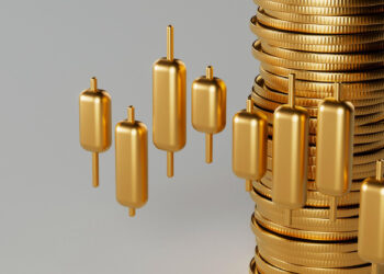 A stack of gold coins, symbolizing the allure of gold investing, is surrounded by suspended, gold cylindrical objects with protruding rods. The neutral light gray background enhances the composition's evocation of wealth and balance. | FintechZoom