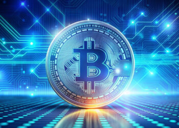 A digital Bitcoin coin standing upright against a futuristic, glowing blue circuit board background, symbolizing cryptocurrency and blockchain technology. The scene is illuminated with a pattern of interconnected lines and geometric shapes. | FintechZoom