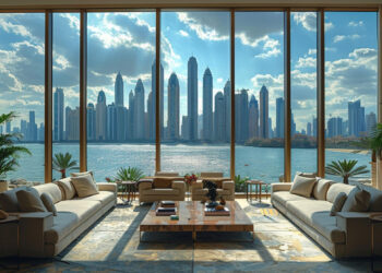 A luxurious living room with large floor-to-ceiling windows offering a panoramic view of a city skyline by the water, reminiscent of FintechZoom.com Real Estate Dubai listings. The room features plush sofas, a large central coffee table, and is adorned with indoor plants. The sky is partly cloudy, and the sun casts shadows inside. | FintechZoom