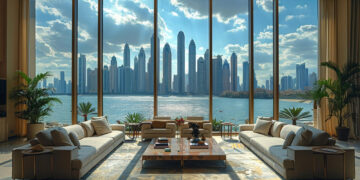 A luxurious living room with large floor-to-ceiling windows offering a panoramic view of a city skyline by the water, reminiscent of FintechZoom.com Real Estate Dubai listings. The room features plush sofas, a large central coffee table, and is adorned with indoor plants. The sky is partly cloudy, and the sun casts shadows inside. | FintechZoom