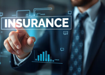 A person in a business suit points to a floating digital interface displaying the word "INSURANCE," enhanced by insurtech graphics of charts and communication bubbles, in a modern office setting. | FintechZoom