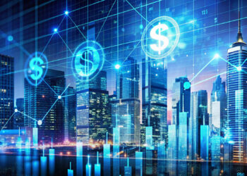 A vibrant cityscape at night with tall, illuminated skyscrapers. Overlaid on the image are financial graphs and charts from FintechZoom.com Fintech, including dollar signs and line graphs, symbolizing economic growth and market activity. The scene blends fintech technology with urban development. | FintechZoom