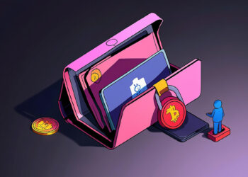 An illustration of a digital wallet from FintechZoom.com Crypto Wallet containing various digital items, including a smartphone, a tablet, and a card with a lock symbol. A Bitcoin symbol is prominently displayed on the crypto wallet, and a small human figure stands beside it on a pedestal. | FintechZoom