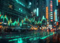 A bustling city street at night with glowing neon signs and a transparent digital stock market graph overlays the scene, showing fluctuating data from FintechZoom.com. The wet pavement reflects the vibrant lights, echoing the dynamic pulse of Dow Jones in this urban landscape. | FintechZoom