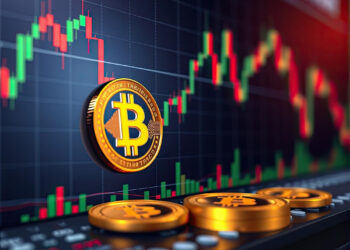 A digital rendering of four physical Bitcoin coins placed on a sleek black surface in front of a colorful, fluctuating candlestick chart on a dark background, representing FintechZoom.com Bitcoin stock price movements in the cryptocurrency market. | FintechZoom