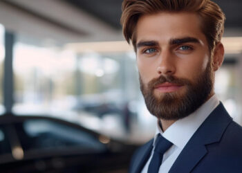 A bearded man in a navy suit and white shirt gazes confidently at the camera. The background is softly blurred, revealing a bright, modern interior with large windows and indistinct figures. | FintechZoom