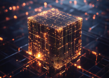 A glowing, futuristic metallic cube with an intricate, circuit-like pattern floats above a blockchain technology-inspired grid. The cube and grid emit orange and golden lights in a dark, technological environment. | FintechZoom