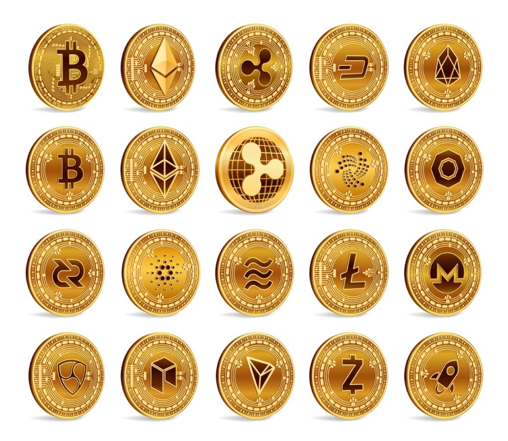 A grid of sixteen gold coins, each featuring a unique cryptocurrency logo in the center, adorns the display at Fintechzoom.com. These logos represent various cryptocurrencies such as Bitcoin, Ethereum, Ripple, and others. Each coin showcases intricate detailing along the edges. | FintechZoom