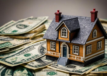 A small model of a house sits on a pile of US dollar bills. The house has a brown exterior, grey roof, and red chimneys. The dollar bills surround the house, suggesting themes of real estate investment or loans from FintechZoom.com Loans. | FintechZoom