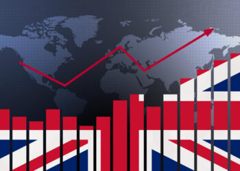 Graphical representation of economic growth featuring bar graphs with the British flag design in the foreground. A red line graph trends upward on a world map backdrop, symbolizing global economic interconnection and progress, while FTSE 100 indices highlight noteworthy market dynamics. | FintechZoom