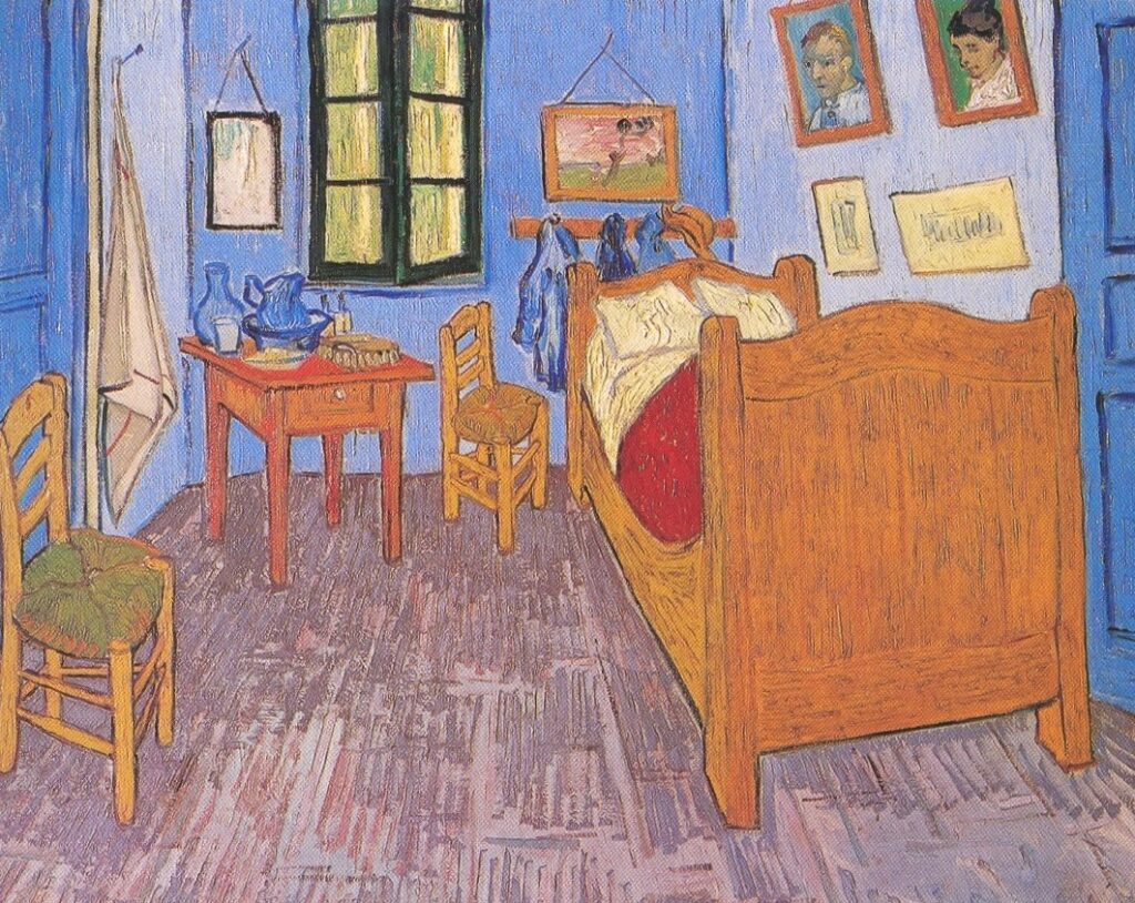 A vibrant painting of a bedroom inspired by Vincent van Gogh's The Bedroom in Arles showcases blue walls and a wooden floor. It features a wooden bed with a red blanket, two chairs, and a small table with blue pottery, enhanced by several framed pictures and the contrast of a green window. | FintechZoom