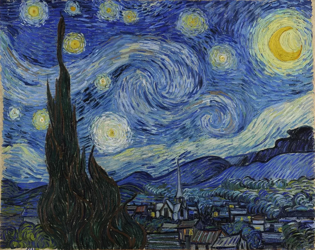 A swirling night sky filled with stars and a bright moon over a small town, reminiscent of Vincent van Gogh's The Starry Night. The foreground features tall cypress trees, and rolling hills can be seen in the background. Vivid blues and yellows dominate the painting. | FintechZoom