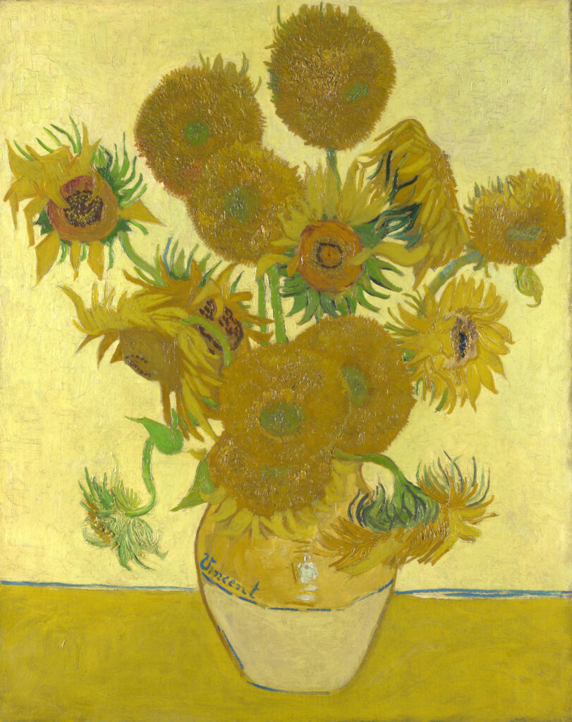 A painting reminiscent of Vincent van Gogh's Sunflowers features wilting blooms in a light-colored vase against a vibrant yellow background. The sunflowers, in various stages of blossom, display drooping petals and leaves, highlighting shades of yellow and green. | FintechZoom