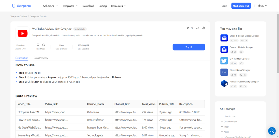 Screenshot of Octoparse interface showing the "YouTube Video List Scraper" template. It includes how-to-use steps, a data preview section with video info like title, URL, and description, and options to try the template. | FintechZoom