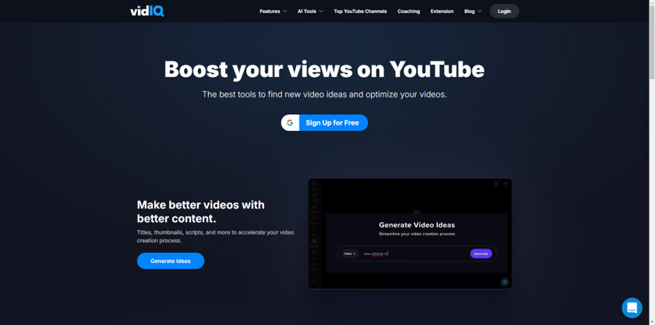 Screenshot of the vidIQ website homepage. The page features a dark background with text promoting tools for boosting YouTube views and improving video content. There are options to sign up for free and generate video ideas. | FintechZoom