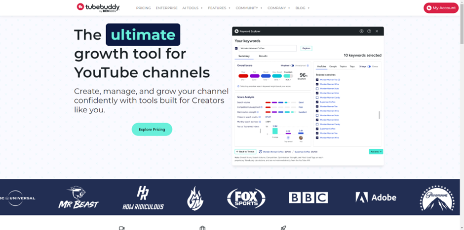 Screenshot of the TubeBuddy website showcasing the ultimate growth tool for YouTube channels. It features a keyword analysis tool and a banner with brand logos, including BBC and Adobe, at the bottom. | FintechZoom