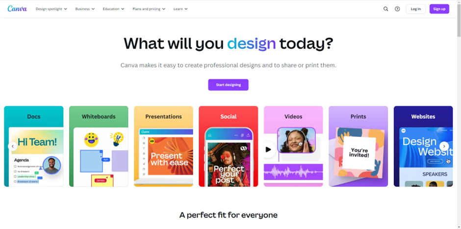 Screenshot of Canva's homepage displaying the phrase "What will you design today?" followed by various design categories like "Docs," "Whiteboards," "Presentations," "Social," "Videos," "Prints," "Websites," and "Design Spotlight. | FintechZoom