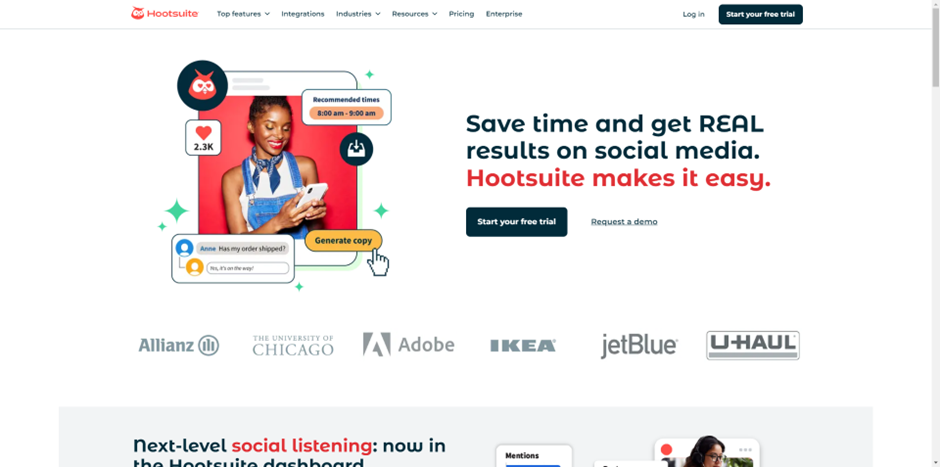 A woman uses her phone on a website promoting Hootsuite, with text saying "Save time and get REAL results on social media. Hootsuite makes it easy." Logos of Allianz, Adobe, IKEA, and others are displayed below. | FintechZoom