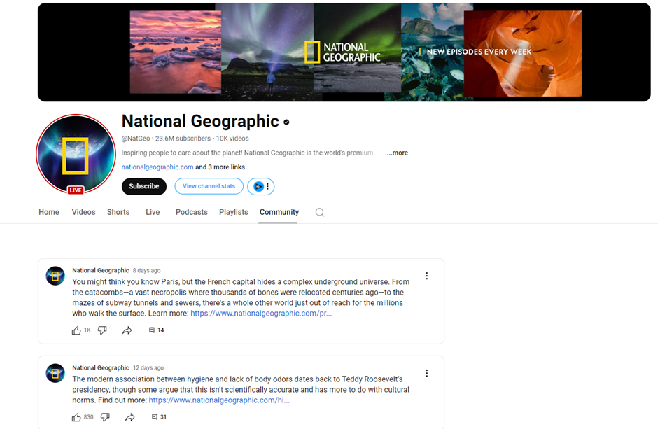 Screenshot of National Geographic's YouTube Community page. At the top is a banner with landscapes and the text "NEW EPISODES EVERY WEEK." Below are posts discussing Paris's underworld and Teddy Roosevelt's presidency, with likes and comments options visible. | FintechZoom