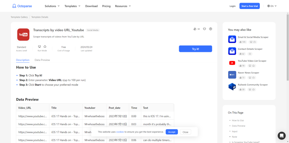 Screenshot of the Octoparse website showing a data scraper template for YouTube video transcripts. Features include a "Try it" button, instructions, and data preview. A cookie consent notice is displayed at the bottom. | FintechZoom