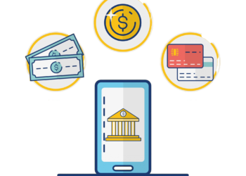 Illustration of a smartphone displaying a bank icon, surrounded by symbols of cash, coins, and a credit card. This represents digital banking and financial transactions. | FintechZoom