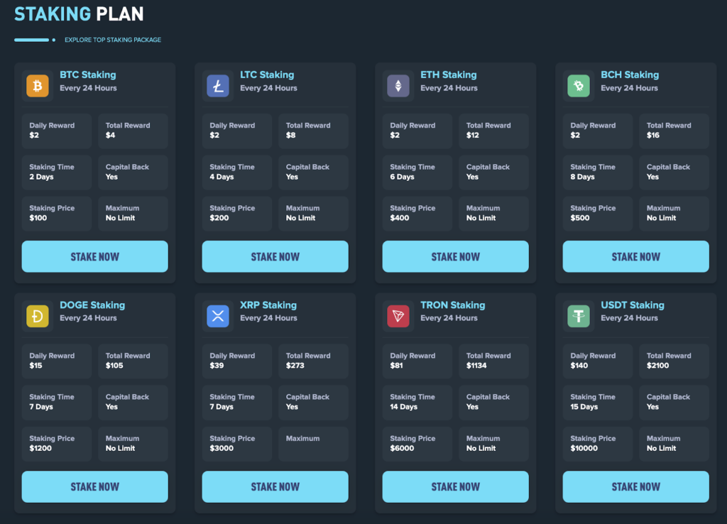 A dark-themed chart displays various staking plans for cryptocurrencies, including BTC, LTC, ETH, BCH, DOGE, XRP, TRON, and USDT. Each plan shows details like daily rewards, staking prices, and locking periods. Each has a blue "Stake Now" button. | FintechZoom