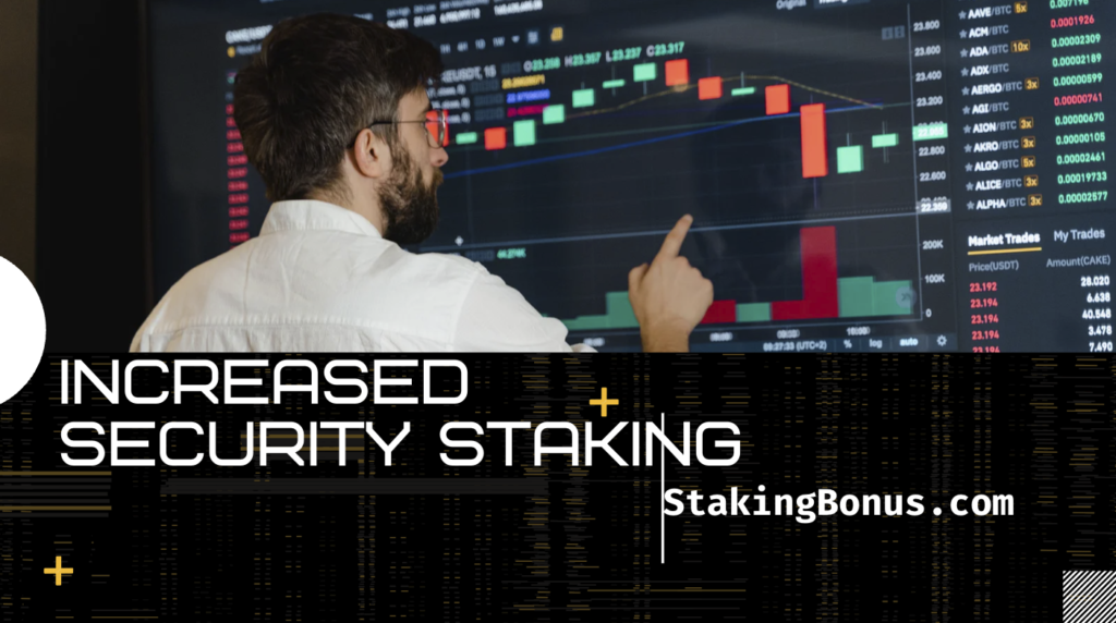 A man points at a cryptocurrency trading chart on a large screen, analyzing market trends. The text on the image reads, "Increased Security Staking" and features the website "StakingBonus.com" in the bottom right corner. | FintechZoom