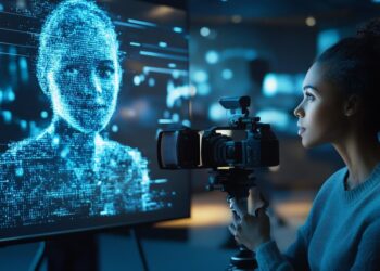 A woman operates a video camera, facing a digital screen displaying a pixelated figure made of blue dots. The scene is lit with a futuristic blue ambiance, highlighting technology and digital art themes. | FintechZoom
