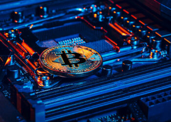 A gold-colored Bitcoin coin rests on a computer motherboard. The image is lit with blue and red lighting, highlighting the intricate details of the circuit board and the Bitcoin logo on the coin. | FintechZoom