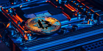 A gold-colored Bitcoin coin rests on a computer motherboard. The image is lit with blue and red lighting, highlighting the intricate details of the circuit board and the Bitcoin logo on the coin. | FintechZoom