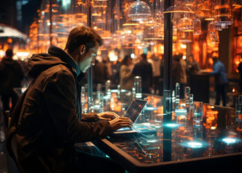 A man in a dark coat uses a laptop at a glossy table in a bustling, warmly lit urban cafe or bar. Hanging lights create an atmospheric glow, reflecting off the table's surface. The street outside is filled with blurred figures. | FintechZoom