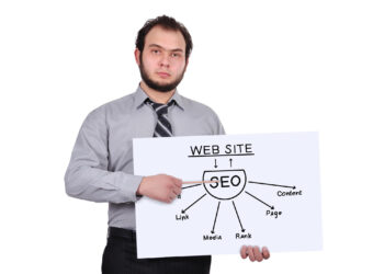 A man in a gray shirt and tie holds a whiteboard with a diagram. The board displays "WEB SITE" above "SEO," with arrows pointing to "Link," "Media," "Content," "Page," and "Rank," illustrating SEO components. | FintechZoom