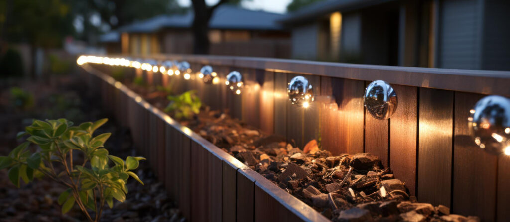 A row of small spherical lights illuminates a wooden planter box at dusk. The planter is filled with soil and a few green plants. The blurred background shows houses and trees under a dimming sky. | FintechZoom