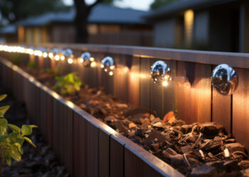 A row of small spherical lights illuminates a wooden planter box at dusk. The planter is filled with soil and a few green plants. The blurred background shows houses and trees under a dimming sky. | FintechZoom