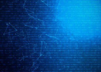 Binary code in blue tones fills the image, with interconnected lines and nodes forming a network pattern on the left. The right side is illuminated with a bright blue light, creating a contrast between the dark and light areas. | FintechZoom