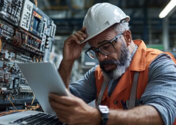 A technician with a white hard hat and orange vest examines a tablet while sitting by a set of electrical panels. He appears focused and thoughtful, surrounded by wires and equipment in an industrial setting. | FintechZoom