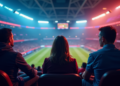 Three people sitting in a stadium watching a soccer match. The field is brightly lit, and the arena is filled with cheering fans. The scene captures the excitement and atmosphere of a live sports event. | FintechZoom