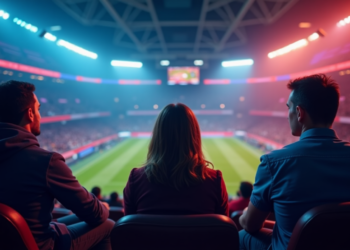 Three people sitting in a stadium watching a soccer match. The field is brightly lit, and the arena is filled with cheering fans. The scene captures the excitement and atmosphere of a live sports event. | FintechZoom