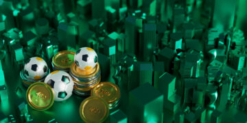 A digital artwork showing stacks of gold coins and soccer balls on a green, abstract cityscape background. The scene suggests a connection between sports and finance or economic themes. | FintechZoom