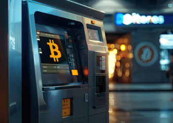 A Bitcoin ATM is shown with a large Bitcoin symbol on the screen. The machine is located in a modern, well-lit environment with blurred store signs in the background. | FintechZoom