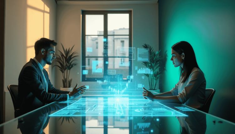 A man and woman sit at a futuristic table with holographic displays in an office setting, engrossed in FintechZoom.com's digital charts and graphs projected between them. The room is softly lit, with large windows and potted plants creating a serene backdrop. | FintechZoom