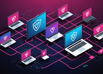 An isometric illustration of laptops and monitors connected by network lines. The screens display shield icons, symbolizing cybersecurity or internet security, with a dark purple and pink gradient background. | FintechZoom